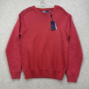 Polo Ralph Lauren Sweater Mens Medium Red Chunky Ribbed Crew Garment Dyed NEW